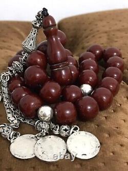Antique Faturan Genuine Cherry Bakelite Amber Beads 71gm WithSilver Ottoman Style