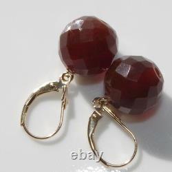 Antique Genuine 14k Gold 11mm Faceted Cherry Amber Lever Back Earrings