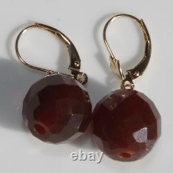 Antique Genuine 14k Gold 11mm Faceted Cherry Amber Lever Back Earrings