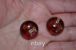 Antique Genuine 14k Gold 20mm Huge Cherry Amber Bakelite Earrings Drop Jackets