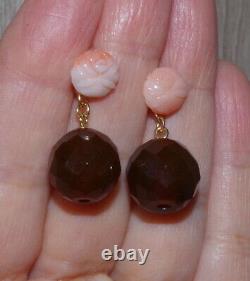 Antique Genuine 14k Gold Rose Coral &faceted Cherry Amber Earrings Drop Jackets