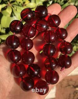 Antique Genuine Cherry Amber Bakelite Faturan Round Beads Necklace 64.6 Grams