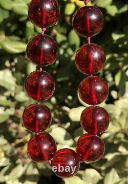 Antique Genuine Cherry Amber Bakelite Faturan Round Beads Necklace 64.6 Grams
