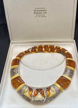 Antique German Amber Collar Silverplate ornate accents Original Box (CB4WW)