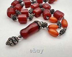 Antique Islamic Arabic Cherry Amber Bakelite Bead Silver Dangle Prayer Necklace