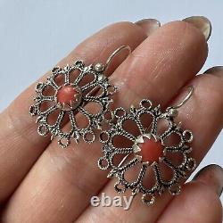 Antique Jewelry Filigree Silver 800 Women's Earrings Natural Red Coral Marked