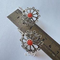 Antique Jewelry Filigree Silver 800 Women's Earrings Natural Red Coral Marked