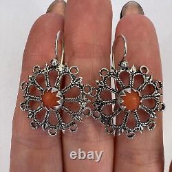 Antique Jewelry Filigree Silver 800 Women's Earrings Natural Red Coral Marked