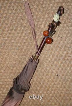 Antique Kendall Ladies Umbrella With Rustic Branch Handle With Amber Cherries