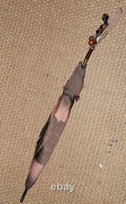 Antique Kendall Ladies Umbrella With Rustic Branch Handle With Amber Cherries