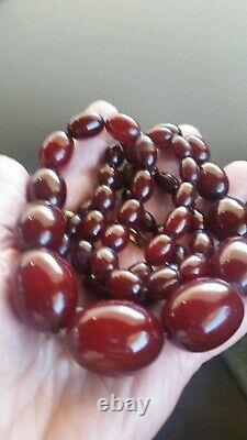Antique Long Bakelite Dark Cherry Amber Graduated Bead Necklace excellent