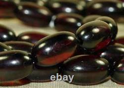 Antique Long Strand Of Dark Cherry Red Amber Prayer Beads 34 Very Rare