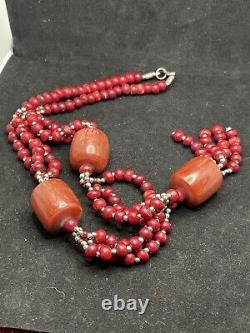 Antique Mediterranean red coral 24 Necklace Cherry Amber Bakelite Barrel Beads