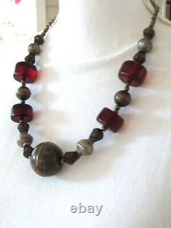 Antique Middle Eastern Necklace Baluch Beads and Rare Cherry Amber 24 Long