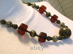 Antique Middle Eastern White Metal Baluch Beads Rare Cherry Amber 24 Necklace