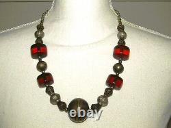 Antique Middle Eastern White Metal Baluch Beads & Rare Cherry Amber Necklace