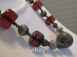 Antique Middle Eastern White Metal Baluch Beads & Rare Cherry Amber Necklace