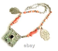 Antique Moroccan Berber natural red Coral Hand of Fatima Silver Pendants Necklac