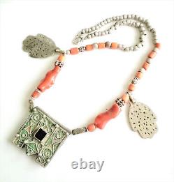 Antique Moroccan Berber natural red Coral Hand of Fatima Silver Pendants Necklac