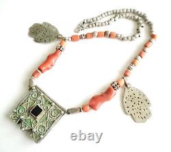 Antique Moroccan Berber natural red Coral Hand of Fatima Silver Pendants Necklac