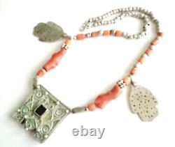 Antique Moroccan Berber natural red Coral Hand of Fatima Silver Pendants Necklac