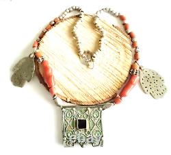 Antique Moroccan Berber natural red Coral Hand of Fatima Silver Pendants Necklac