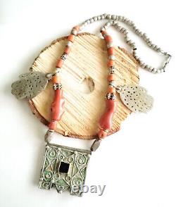 Antique Moroccan Berber natural red Coral Hand of Fatima Silver Pendants Necklac