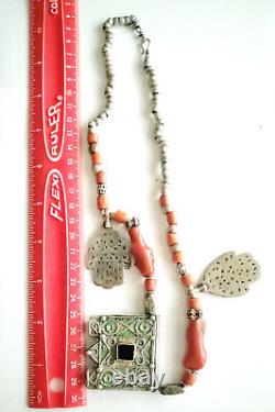 Antique Moroccan Berber natural red Coral Hand of Fatima Silver Pendants Necklac