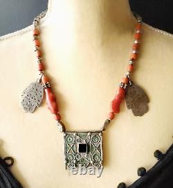 Antique Moroccan Berber natural red Coral Hand of Fatima Silver Pendants Necklac