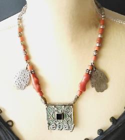 Antique Moroccan Berber natural red Coral Hand of Fatima Silver Pendants Necklac