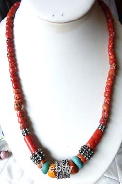 Antique Moroccan Coral Necklace with antique amber and amazonite, Yemen silver