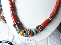 Antique Moroccan Coral Necklace with antique amber and amazonite, Yemen silver