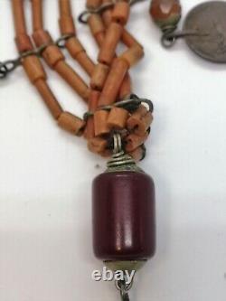 Antique Old Authentic Women Necklace Pendant Natural Coral Amber Ottoman Coins