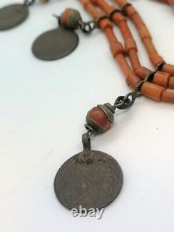 Antique Old Authentic Women Necklace Pendant Natural Coral Amber Ottoman Coins