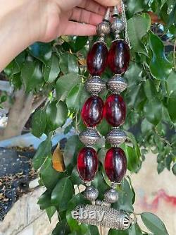 Antique Old Bakelite Red Amber Alpaca Metal Handmade Necklace amulet pendant Use