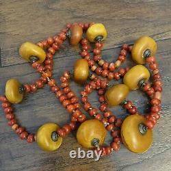 Antique Old Tibetan Natural Amber Red Aka Coral Bead Beaded Necklace Jewelry