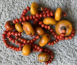 Antique Old Tibetan Natural Amber Red Aka Coral Bead Beaded Necklace Jewelry