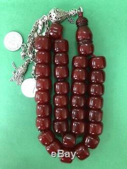 Antique Ottoman Damari Faturan cherry amber bakelite islamic prayer beads 98g R