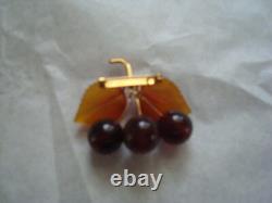 Antique Russian Nat'l Baltic Stone Amber Cherries & Leaf Brooch 8kt Gf Untreated