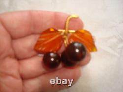 Antique Russian Nat'l Baltic Stone Amber Cherries & Leaf Brooch 8kt Gf Untreated