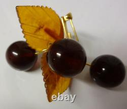 Antique Russian Natural Baltic Stone Cognac Cherry Amber Pin Brooch Untreated
