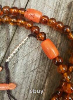 Antique Tibetan Amber Mala prayer Suleimani Red Coral Solid silver bead bracelet