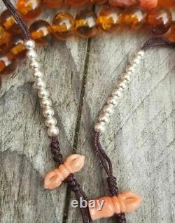 Antique Tibetan Amber Mala prayer Suleimani Red Coral Solid silver bead bracelet