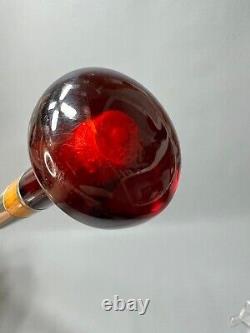 Antique Translucent Cherry Red Amber Bakelite Ball Handle Oak Walking Stick Cane