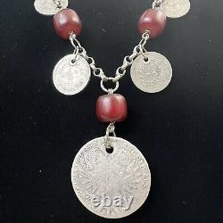 Antique Turkish Faturan Cherry Bakelite Coin Necklace Maria Theresa Thaler 39