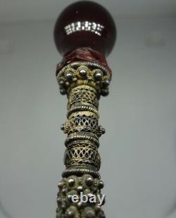 Antique Turkish Ottoman Filigree Silver Cigarette Holder Cherry Bakelite Amber