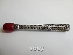 Antique VINTAGE Silver FILIGREE RED AMBER SMOKING PIPE CIGARETTE-HOLDER RARE