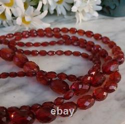 Antique Victorian Amber Necklace opera length Genuine Faceted Beads Cherry 60