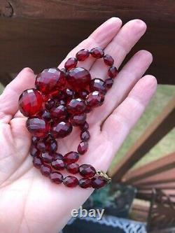 Antique Victorian Dark Red Cherry Amber Bakelite Faceted Bead Necklace