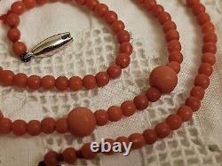 Antique Victorian Natural Salmon Red Coral Bead 18K 750 Gold Clasp Necklace 6.3g